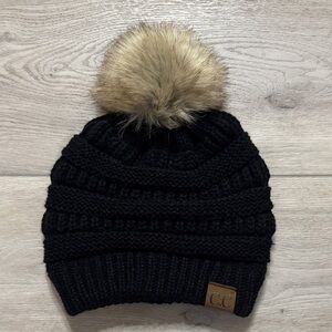 C.C Black Knit Beanie with Faux Fur Pom